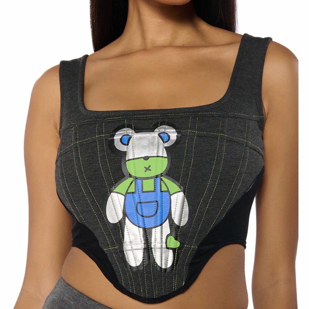 AKIRA Graphic‎ Teddy Bear Corset Top Charcoal Grey Neon Blue Size XS Y2K Style